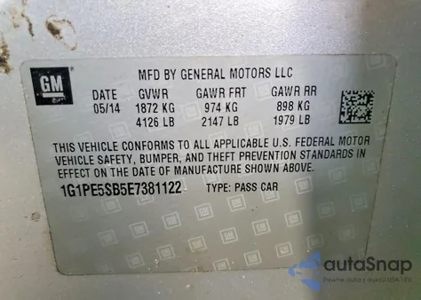 2014 Chevrolet Cruze Lt z USA, uszkodzony, nr VIN 1G1PE5SB5E7381122